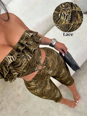 Sequin Hearts Olive Brown Animal Print Ruffle Two-Piece Set